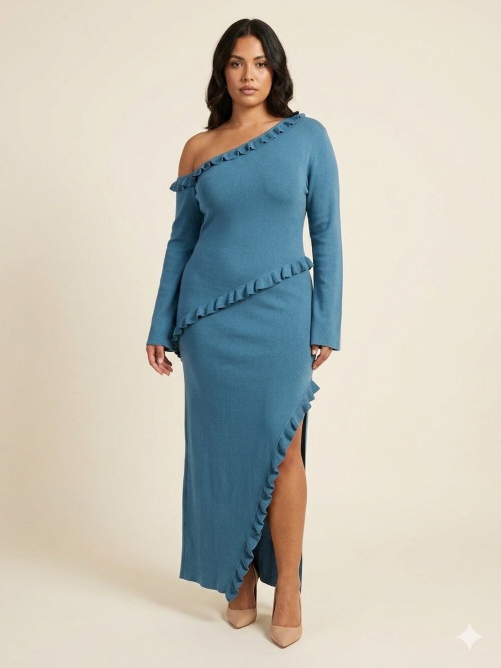 Issy Off One Shoulder Long Sleeve Ruffle Maxi Knit Dress Blue Plus Size 14 NWT